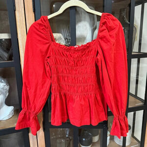 H&M smocked babydoll top long sleeve blouse square neck bell puff ruffles
